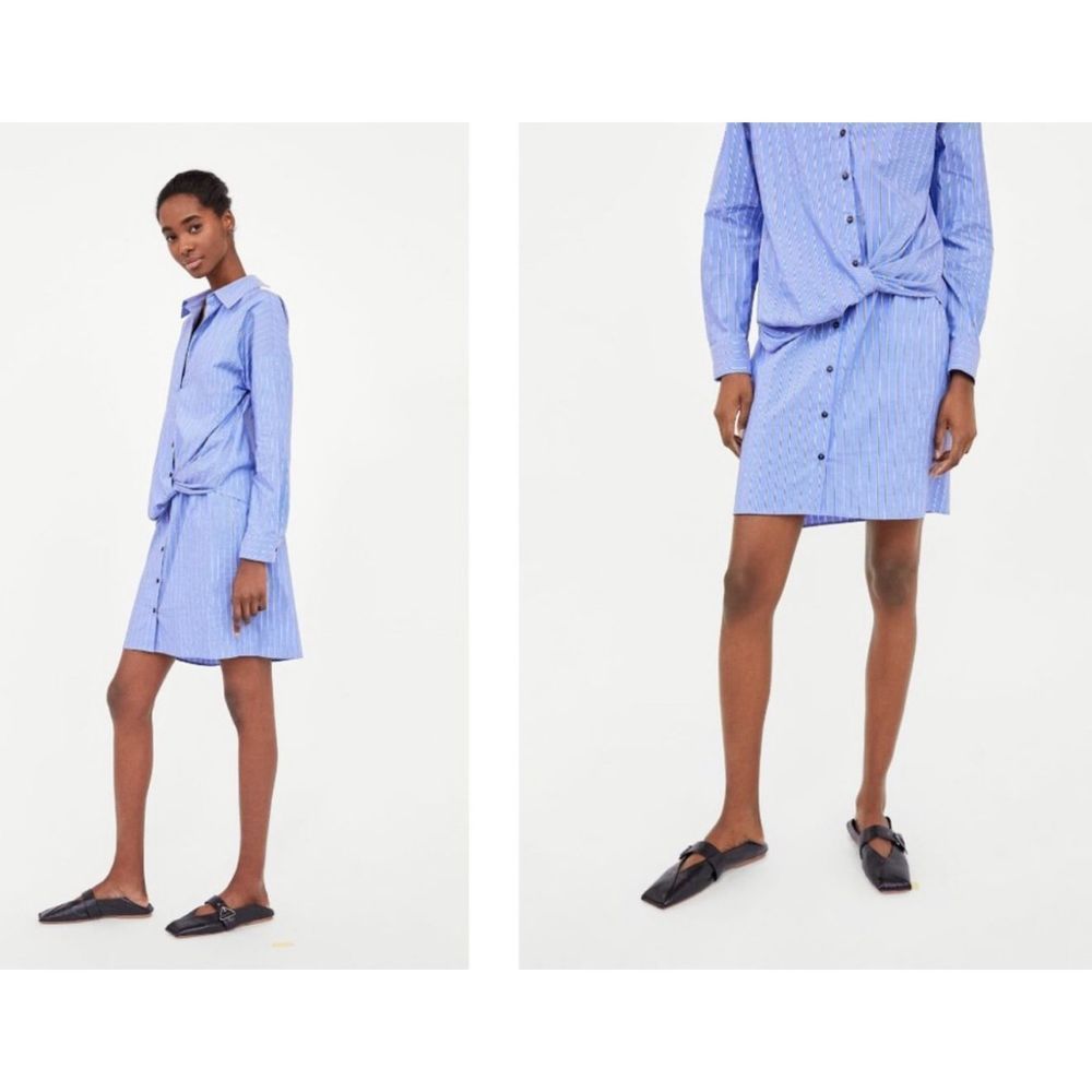 Zara long sleeve blue striped button down shirt dress size xs